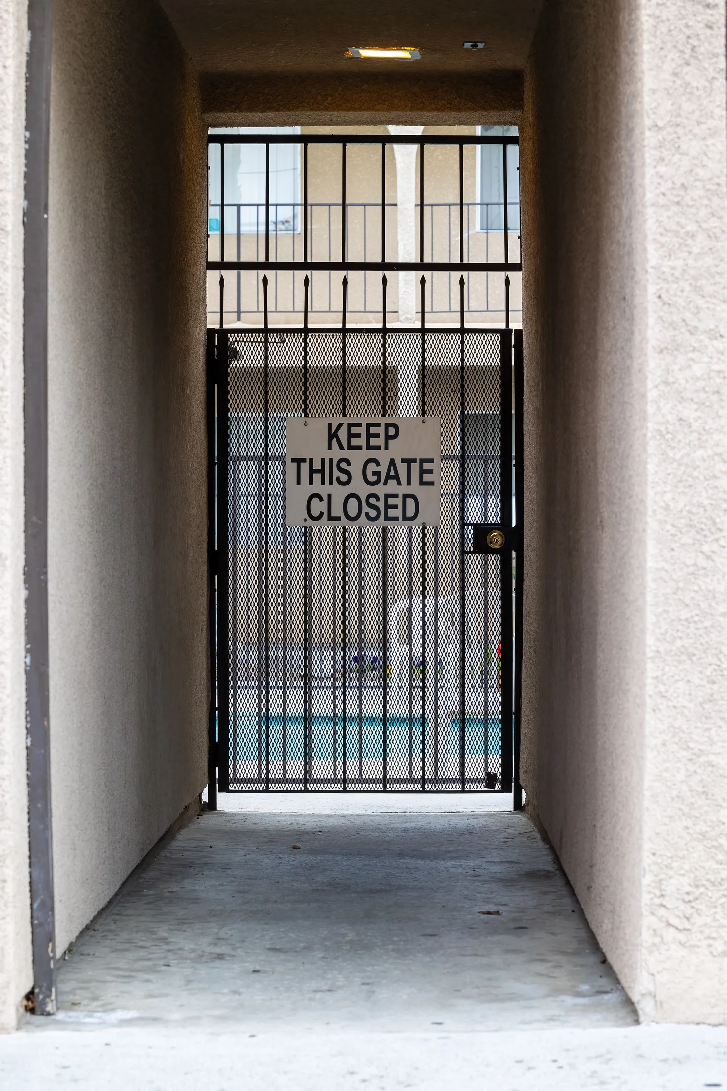 Self-closing, self-latching pool safety gate on a mesh security fence